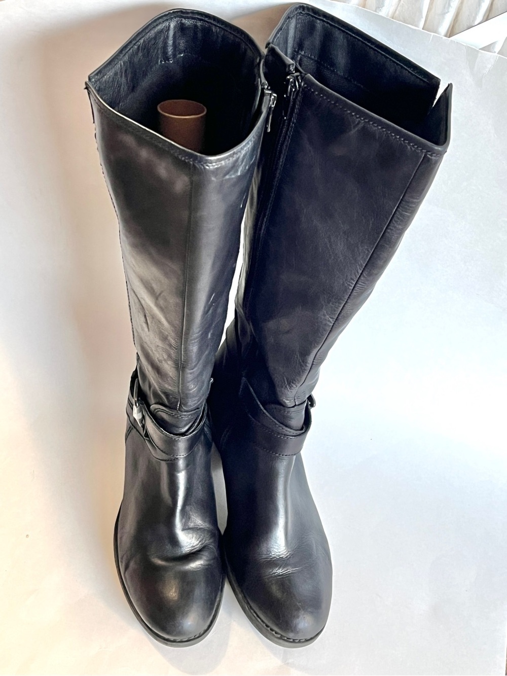 Aldo Black Leather Riding Boots US 7 EU 37.5 Mid Heel Side Zip Strap Buckle